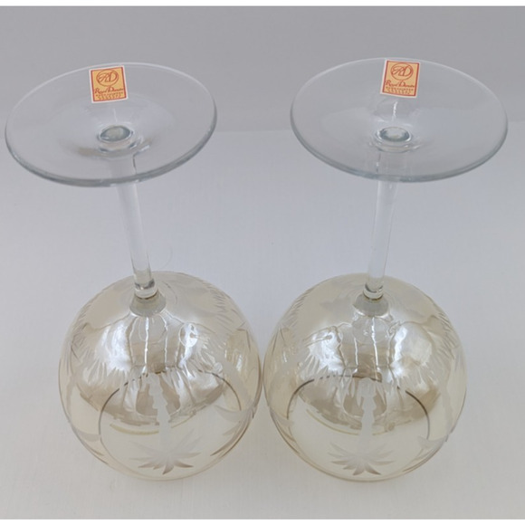 2 Royal Danube Etched Palm Tree Yellowish Luster Balloon Wine Glasses 9" Goblets - Picture 7 of 12